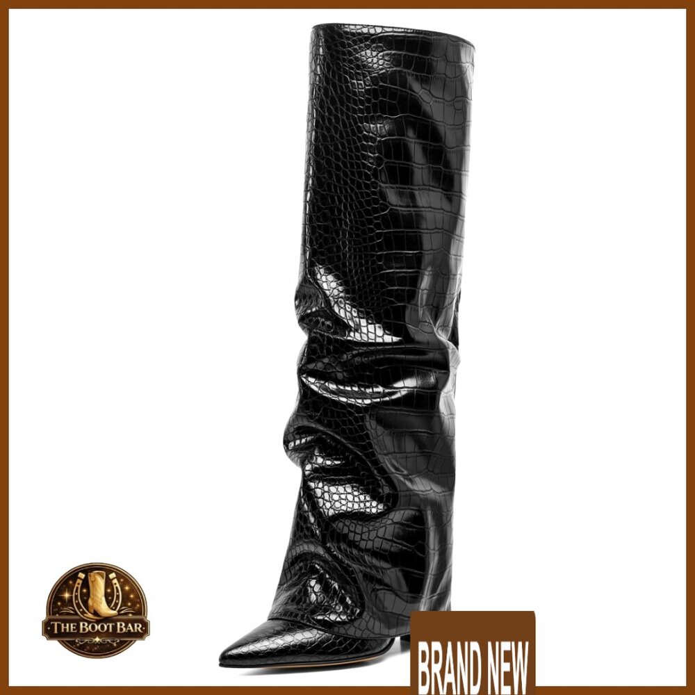 Knee High Boots Slouchy Pointed Toe Fold Over Chunky Heel Shark Style